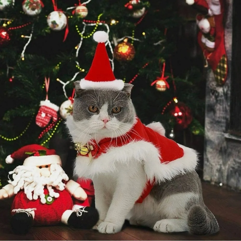 Cat Christmas Costume Adjustable Cute Santa Pet Cape Cat Santa Clothes with Bell